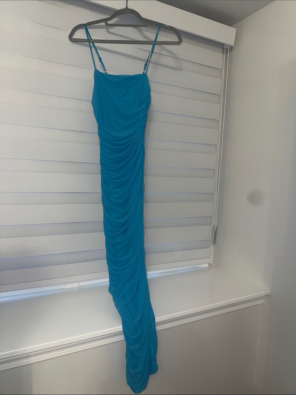 SNDYS Ruched Teal Blue Spaghetti Strap Maxi Dress NEW